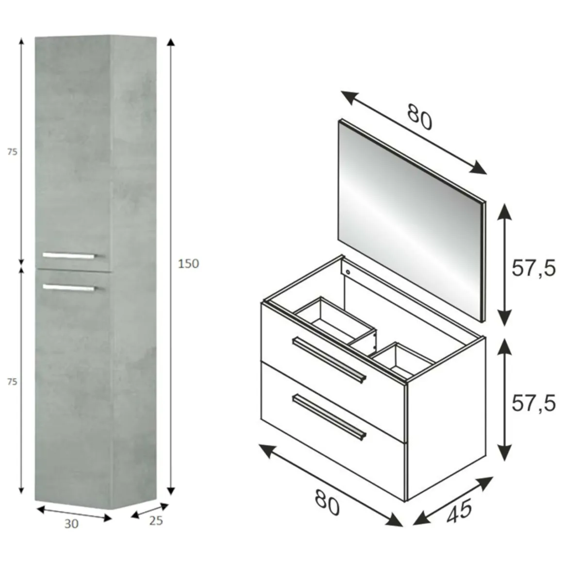 Set Mobili Bagno Grigio Cemento Specchio Incluso 2 Cassetti, 2 Ripiani - Ricadi