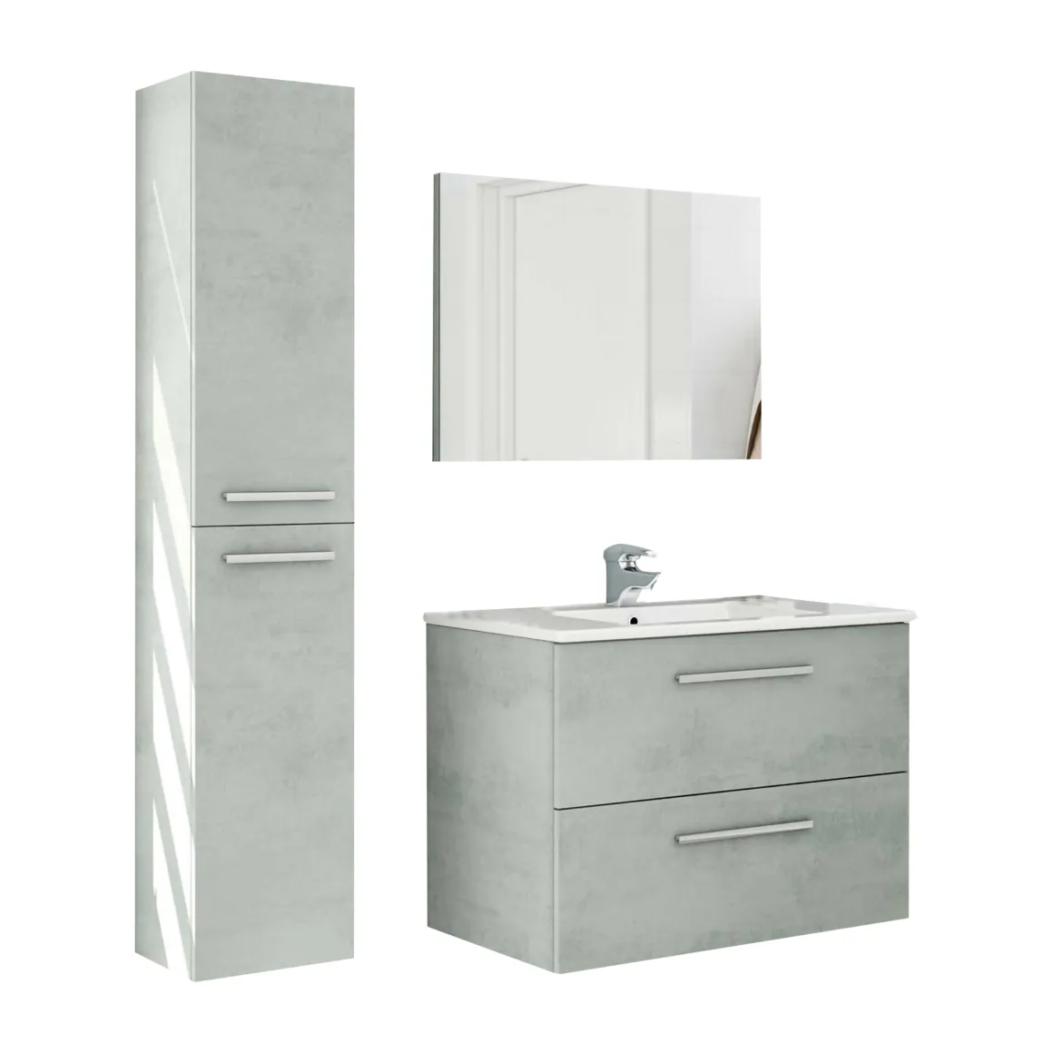 Set Mobili Bagno Grigio Cemento Specchio Incluso 2 Cassetti, 2 Ripiani - Ricadi