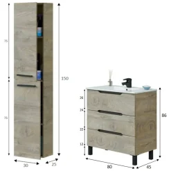 Mobili Sottolavabo > Dmora Set Mobili Bagno 3 Cassetti 2 Ripiani, 2 Ante - Sortino Marrone Quercia