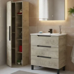Set Mobili Bagno Marrone Quercia 3 Cassetti 7 Ripiani, Un'anta - Laterza
