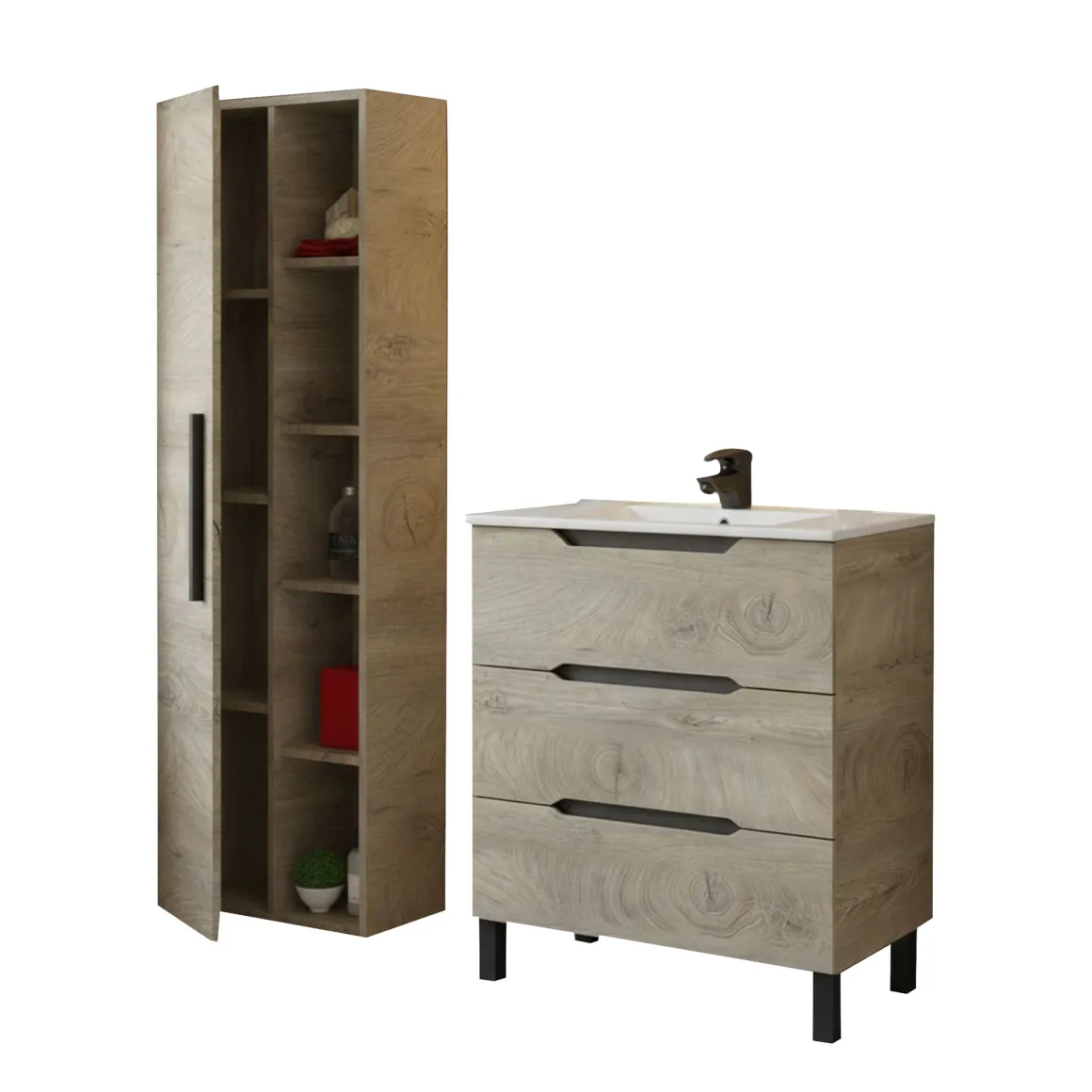Set Mobili Bagno Marrone Quercia 3 Cassetti 7 Ripiani, Un'anta - Laterza