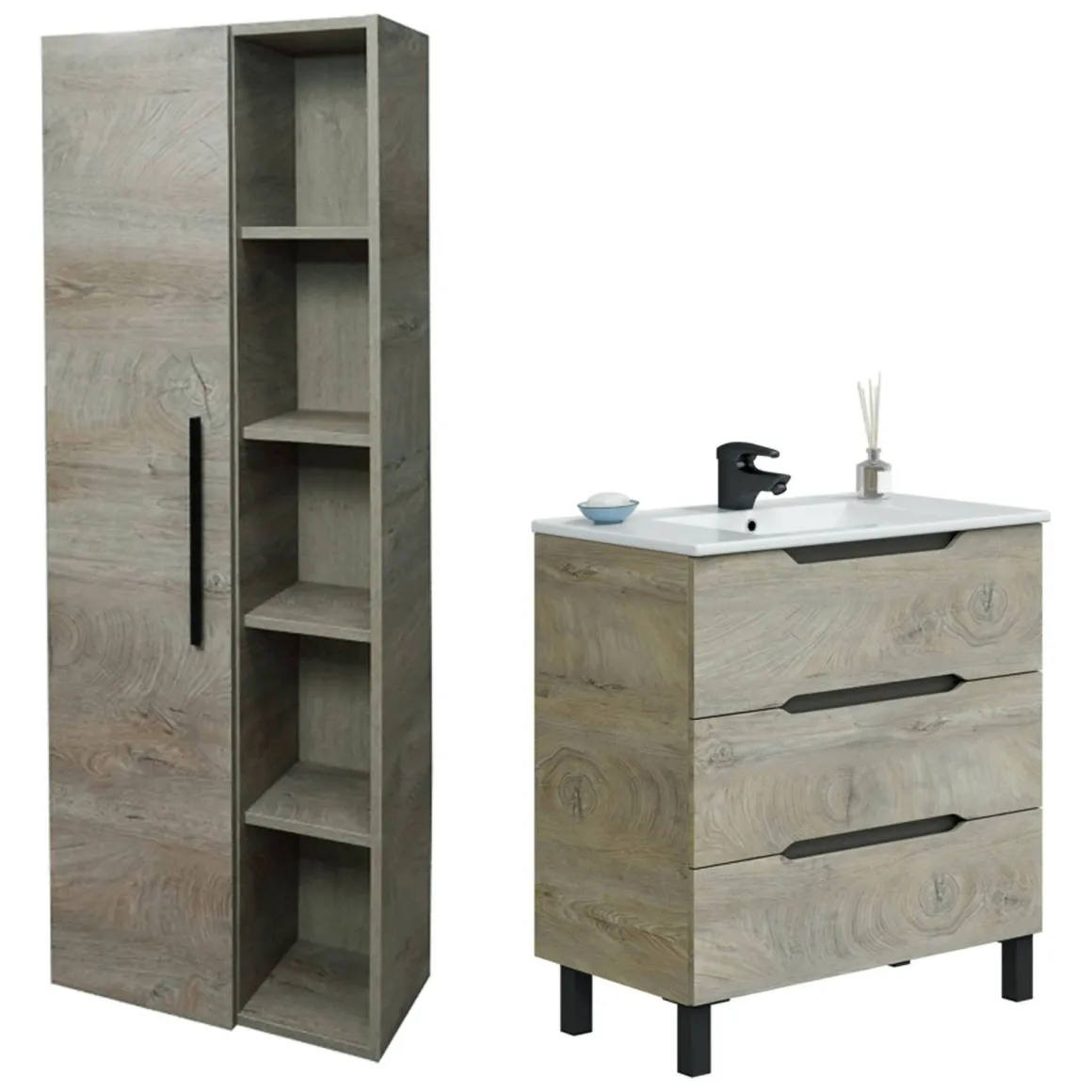 Set Mobili Bagno Marrone Quercia 3 Cassetti 7 Ripiani, Un'anta - Laterza