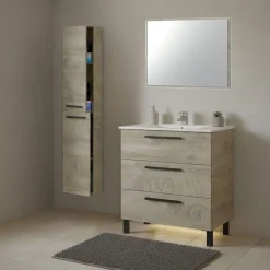 Set Mobili Bagno Marrone Quercia Specchio Incluso 3 Cassetti, 2 Ripiani - Corbola