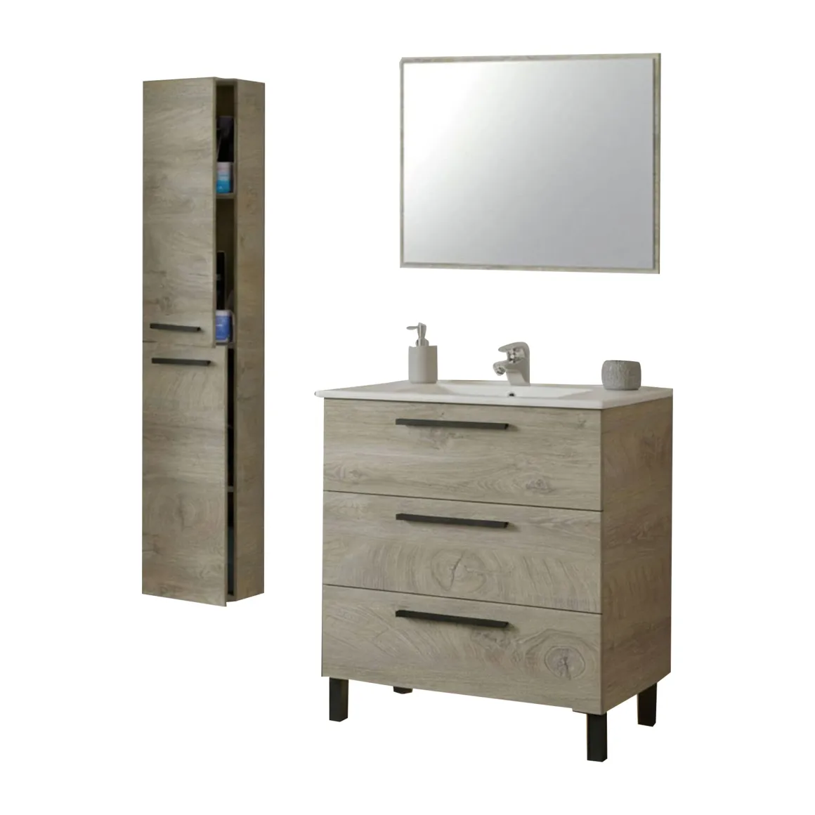 Set Mobili Bagno Marrone Quercia Specchio Incluso 3 Cassetti, 2 Ripiani - Corbola