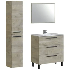 Set Mobili Bagno Marrone Quercia Specchio Incluso 3 Cassetti, 2 Ripiani - Corbola