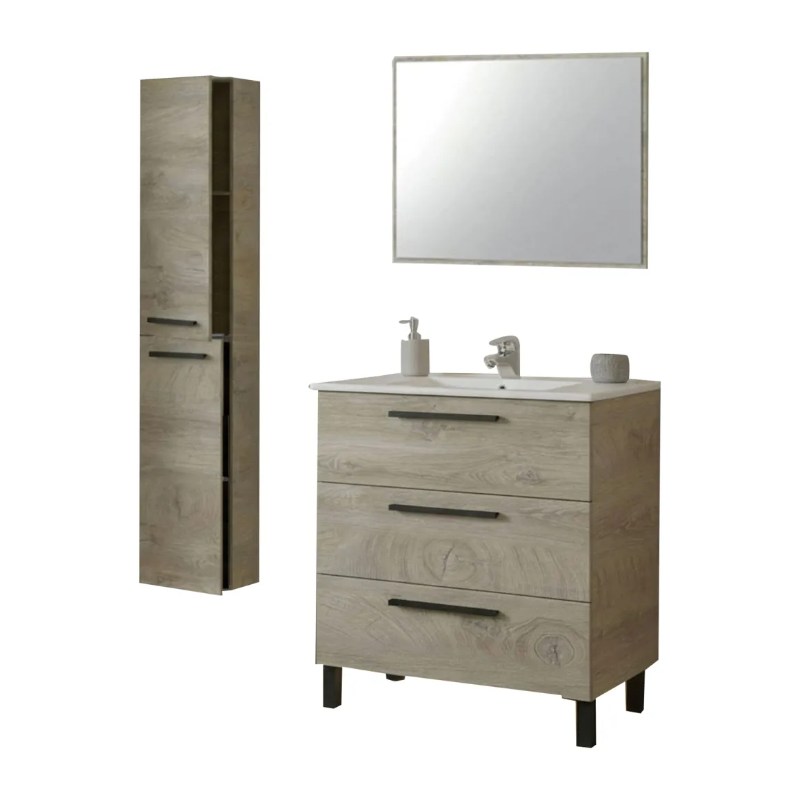 Set Mobili Bagno Marrone Quercia Specchio Incluso 3 Cassetti, 2 Ripiani - Corbola