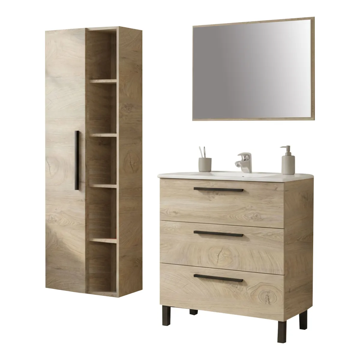Mobili Sottolavabo > Dmora Set Mobili Bagno Specchio Incluso 3 Cassetti, 7 Ripiani - Rosate Marrone Quercia