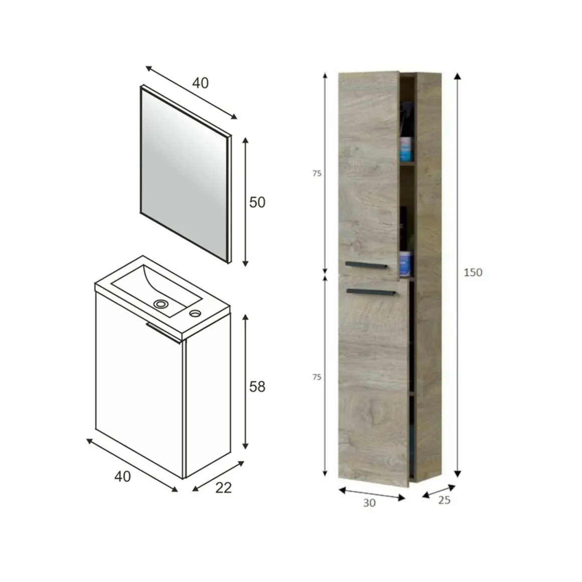 Set Mobili Bagno Marrone Quercia Specchio Incluso 3 Ripiani, 3 Ante - Osnago