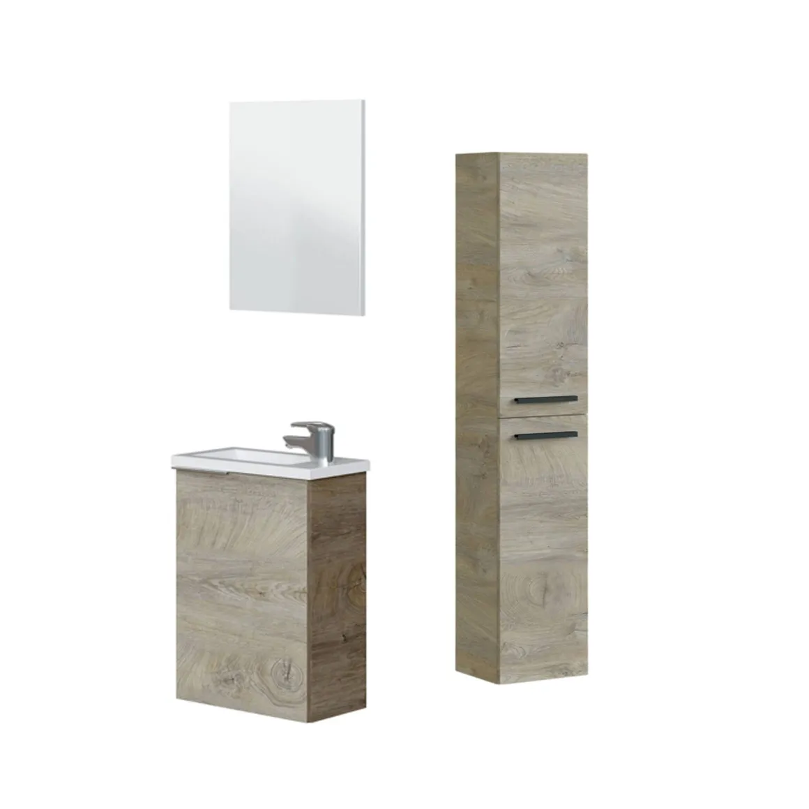 Set Mobili Bagno Marrone Quercia Specchio Incluso 3 Ripiani, 3 Ante - Osnago
