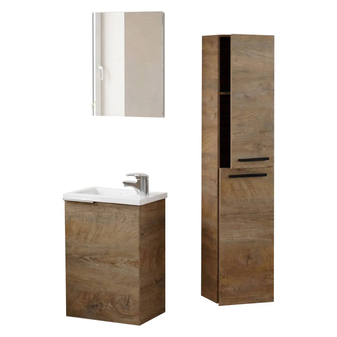 Set Mobili Bagno Marrone Quercia Specchio Incluso 3 Ripiani, 3 Ante - Osnago