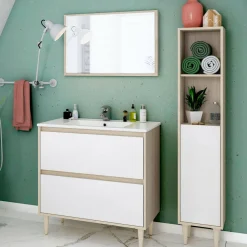 Set Mobili Bagno Marrone Rovere Bianco Lucido Specchio Incluso 2 Cassetti, 2 Ripiani - Renon