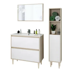Set Mobili Bagno Marrone Rovere Bianco Lucido Specchio Incluso 2 Cassetti, 2 Ripiani - Renon