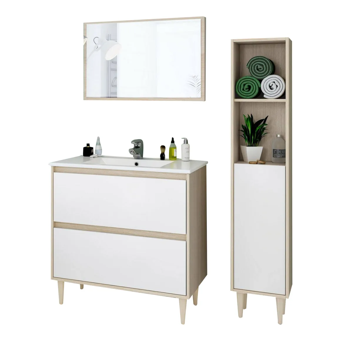 Set Mobili Bagno Marrone Rovere Bianco Lucido Specchio Incluso 2 Cassetti, 2 Ripiani - Renon