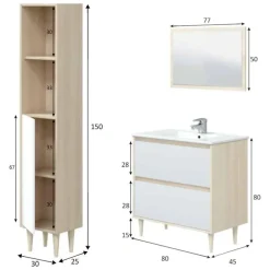 Set Mobili Bagno Marrone Rovere Bianco Lucido Specchio Incluso 2 Cassetti, 2 Ripiani - Renon