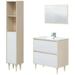 Set Mobili Bagno Marrone Rovere Bianco Lucido Specchio Incluso 2 Cassetti, 2 Ripiani - Renon