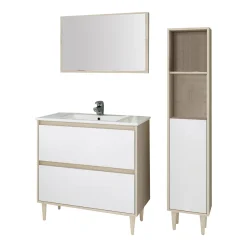 Set Mobili Bagno Marrone Rovere Bianco Lucido Specchio Incluso 2 Cassetti, 2 Ripiani - Renon