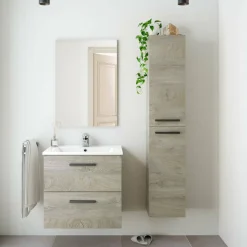 Set Mobili Bagno Marrone Rovere Specchio Incluso 2 Cassetti, 2 Ripiani - Martesana