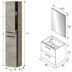 Mobili Sottolavabo > Dmora Set Mobili Bagno Specchio Incluso 2 Cassetti, 2 Ripiani - Somaglia Marrone Rovere