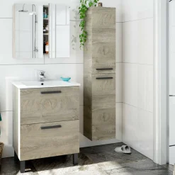 Mobili Sottolavabo > Dmora Set Mobili Bagno Specchio Incluso 2 Cassetti, 2 Ripiani - Somaglia Marrone Rovere