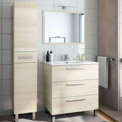 Set Mobili Bagno Marrone Rovere Specchio Incluso 4 Cassetti, 2 Ripiani - Nomaglio
