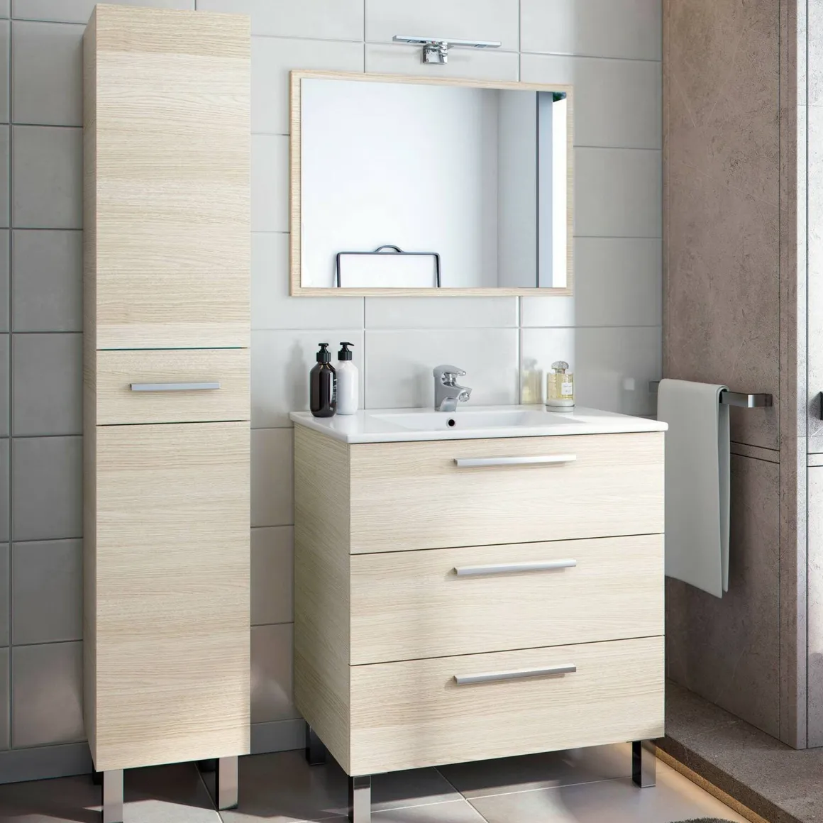 Set Mobili Bagno Marrone Rovere Specchio Incluso 4 Cassetti, 2 Ripiani - Nomaglio