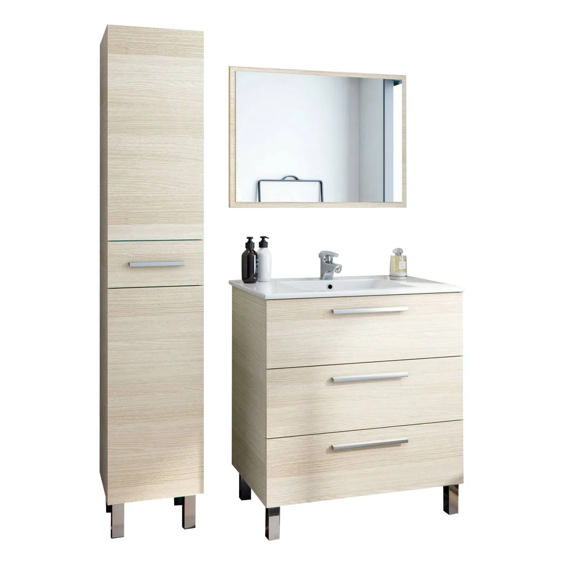 Set Mobili Bagno Marrone Rovere Specchio Incluso 4 Cassetti, 2 Ripiani - Nomaglio