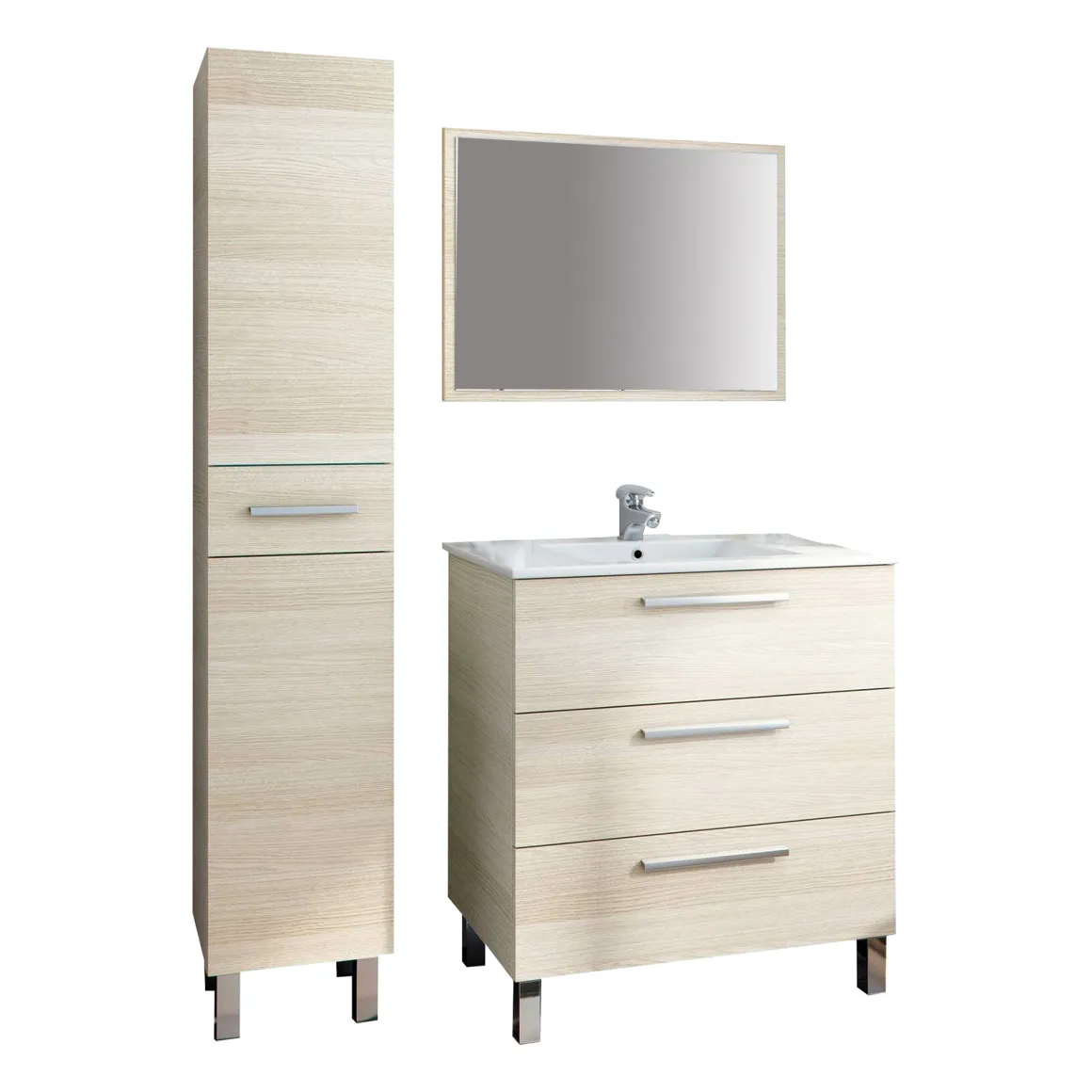 Set Mobili Bagno Marrone Rovere Specchio Incluso 4 Cassetti, 2 Ripiani - Nomaglio