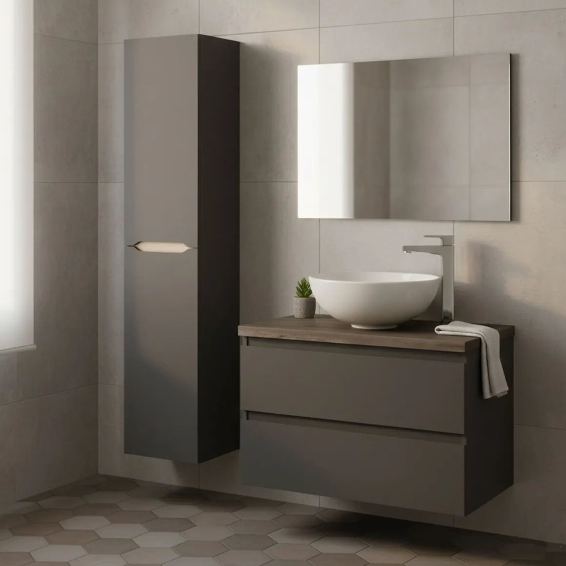 Set Mobili Bagno Nero Antracite Marrone Specchio Incluso 2 Cassetti, 2 Ripiani - Tauro