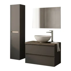 Set Mobili Bagno Nero Antracite Marrone Specchio Incluso 2 Cassetti, 2 Ripiani - Tauro