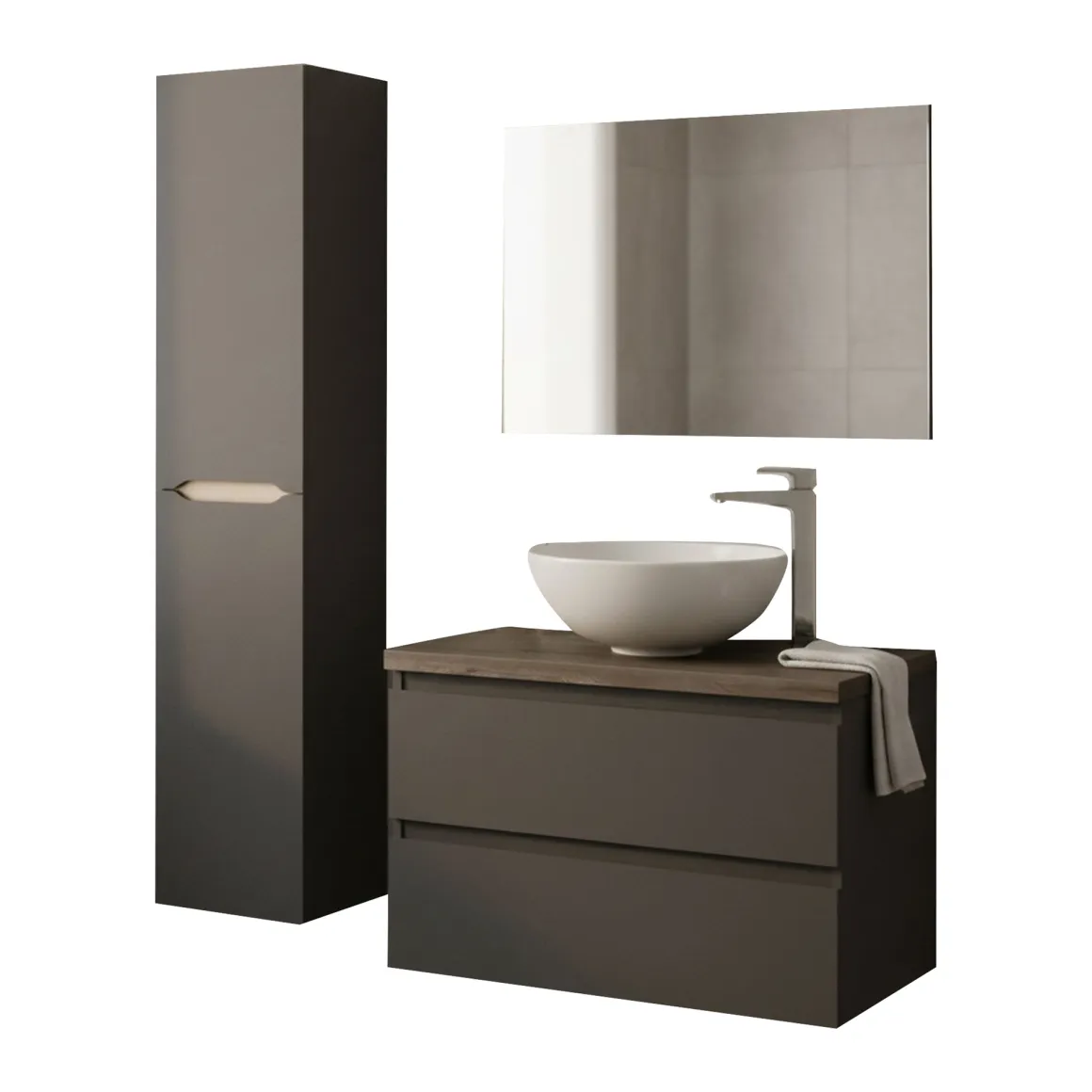 Set Mobili Bagno Nero Antracite Marrone Specchio Incluso 2 Cassetti, 2 Ripiani - Tauro
