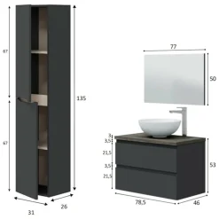 Set Mobili Bagno Nero Antracite Marrone Specchio Incluso 2 Cassetti, 2 Ripiani - Tauro