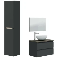 Set Mobili Bagno Nero Antracite Marrone Specchio Incluso 2 Cassetti, 2 Ripiani - Tauro