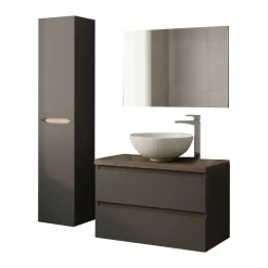 Set Mobili Bagno Nero Antracite Marrone Specchio Incluso 2 Cassetti, 2 Ripiani - Tauro