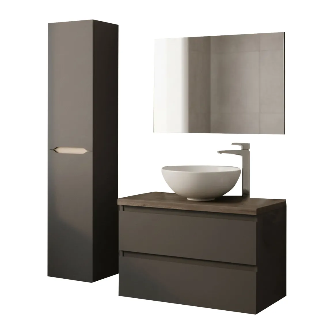 Set Mobili Bagno Nero Antracite Marrone Specchio Incluso 2 Cassetti, 2 Ripiani - Tauro