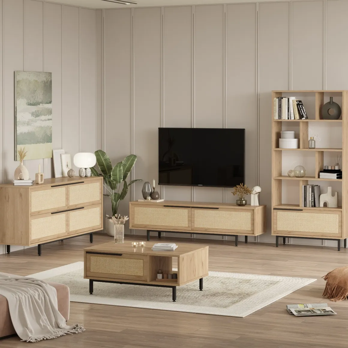 Set Mobili da Soggiorno Beige Marrone Rovere Modulabile 16 Ripiani, 8 Ante - Suardi