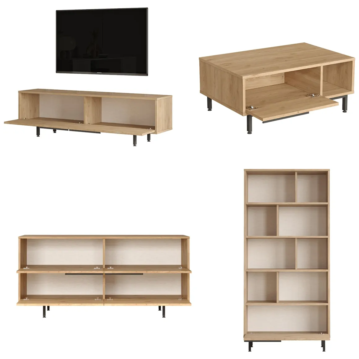 Set Mobili da Soggiorno Beige Marrone Rovere Modulabile 16 Ripiani, 8 Ante - Suardi