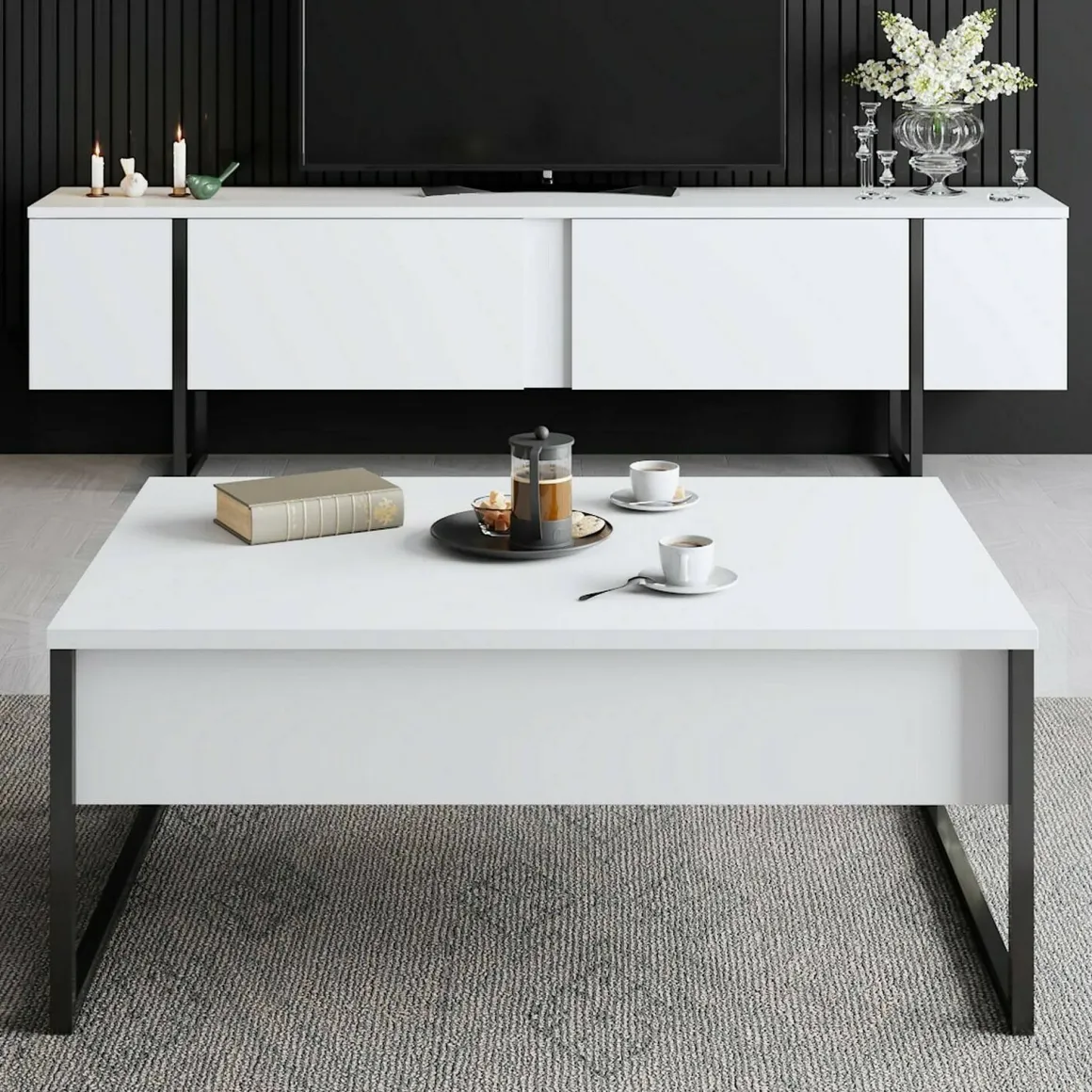 Set Mobili da Soggiorno Bianco Nero Modulabile Apertura a Ribalta, 2 Vani - Mornasco