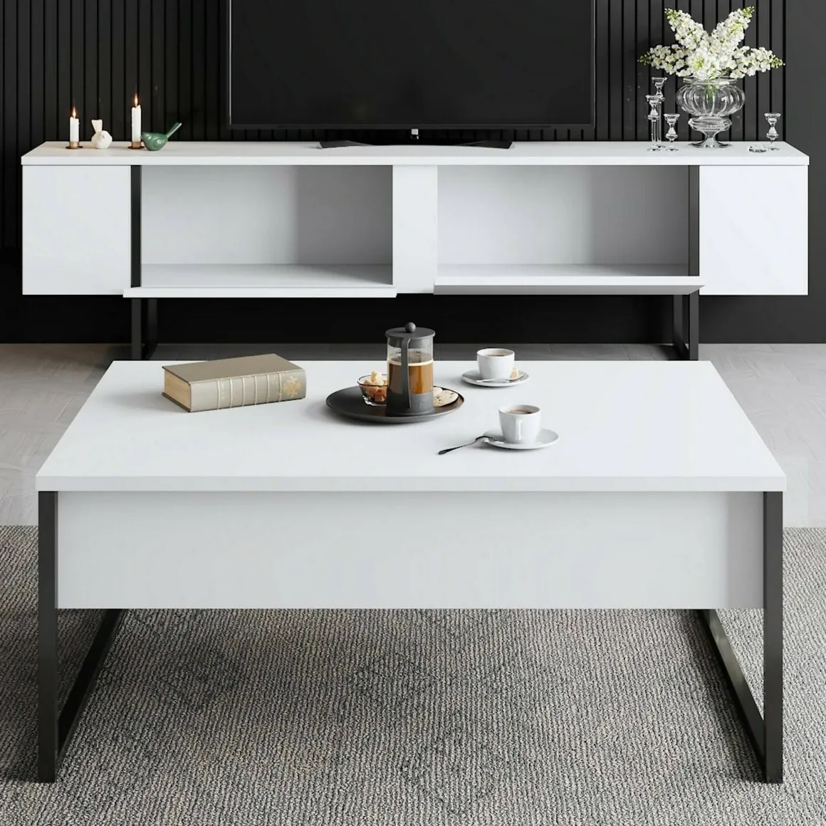 Set Mobili da Soggiorno Bianco Nero Modulabile Apertura a Ribalta, 2 Vani - Mornasco