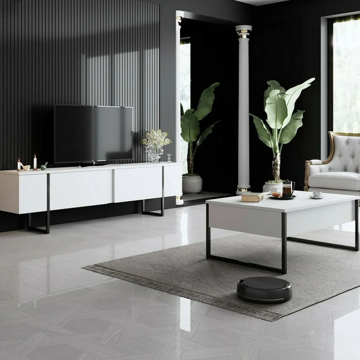 Set Mobili da Soggiorno Bianco Nero Modulabile Apertura a Ribalta, 2 Vani - Mornasco