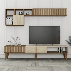 Mobili Soggiorno > Dmora Set Mobili da Soggiorno Marrone Beige Marmo Modulabile 9 Ripiani, 2 Ante - Cassacco Beige, Marrone Marmo