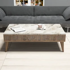 Set Mobili da Soggiorno Marrone Noce Bianco Marmo Modulabile 9 Ripiani, 2 Ante - Ollomont