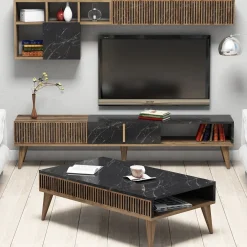 Mobili Soggiorno > Dmora Set Mobili da Soggiorno Marrone Noce Nero Modulabile 2 Ante, 2 Vani - Mornasco Nero, Marrone Noce