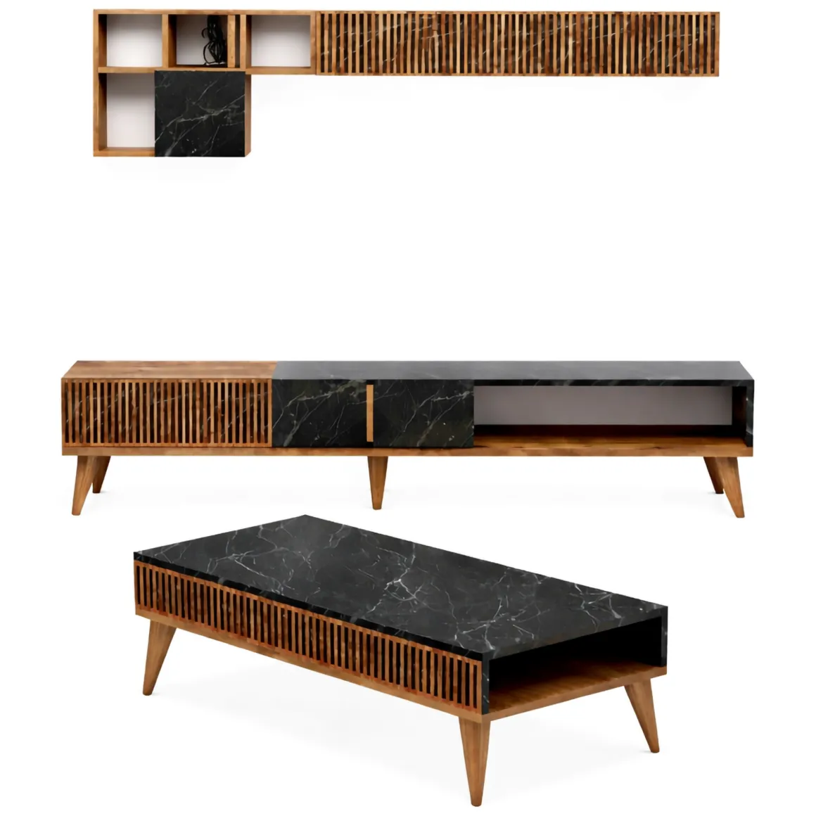 Set Mobili da Soggiorno Marrone Noce Nero Marmo Modulabile 9 Ripiani, 2 Ante - Ollomont