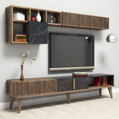 Set Mobili da Soggiorno Marrone Noce Nero Marmo Modulabile 9 Ripiani, 2 Ante - Ollomont