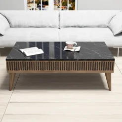Set Mobili da Soggiorno Marrone Noce Nero Marmo Modulabile 9 Ripiani, 2 Ante - Ollomont