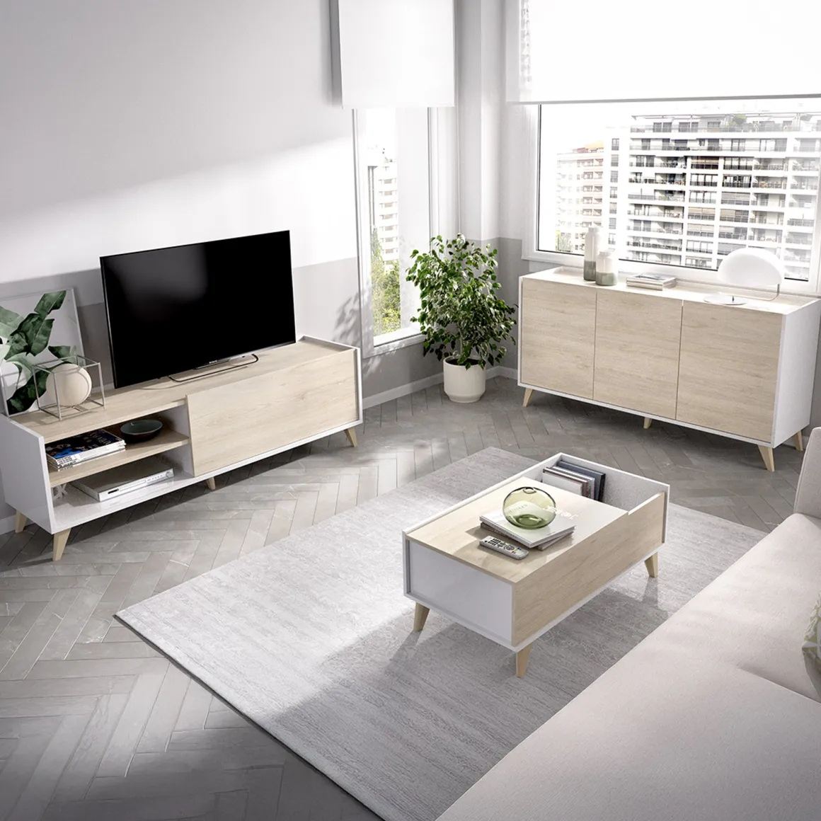 Set Mobili da Soggiorno Marrone Rovere Bianco Cassetti Modulabile, 4 Ripiani - Tellur