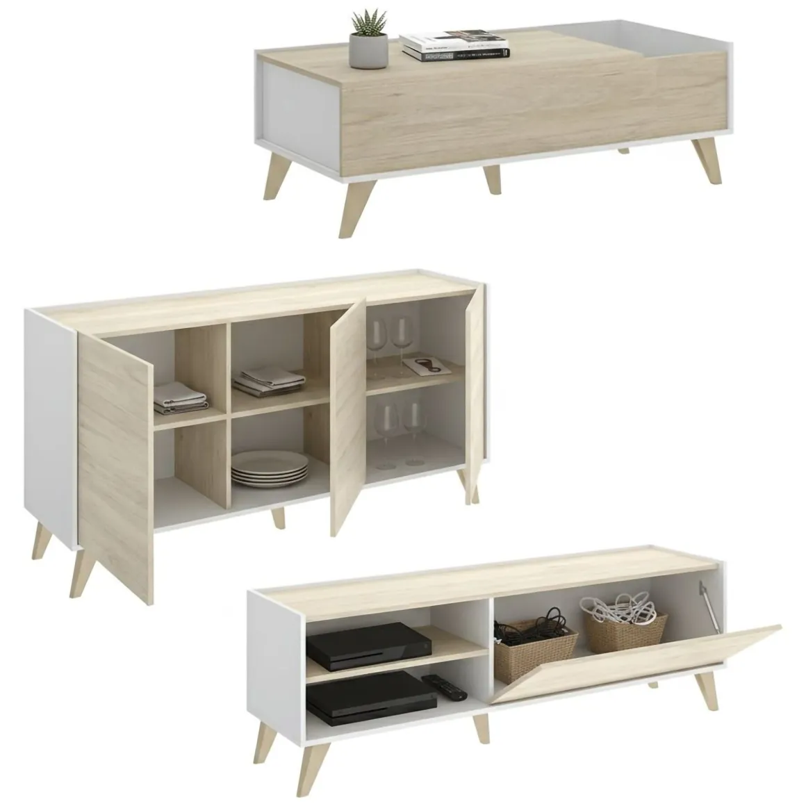 Set Mobili da Soggiorno Marrone Rovere Bianco Cassetti Modulabile, 4 Ripiani - Tellur