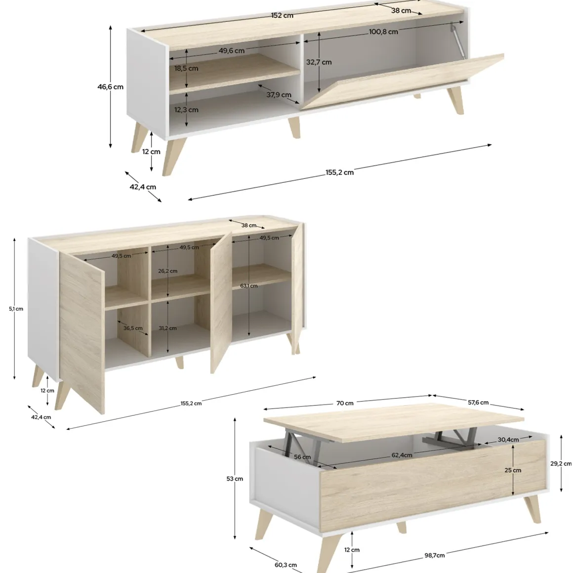 Set Mobili da Soggiorno Marrone Rovere Bianco Cassetti Modulabile, 4 Ripiani - Tellur
