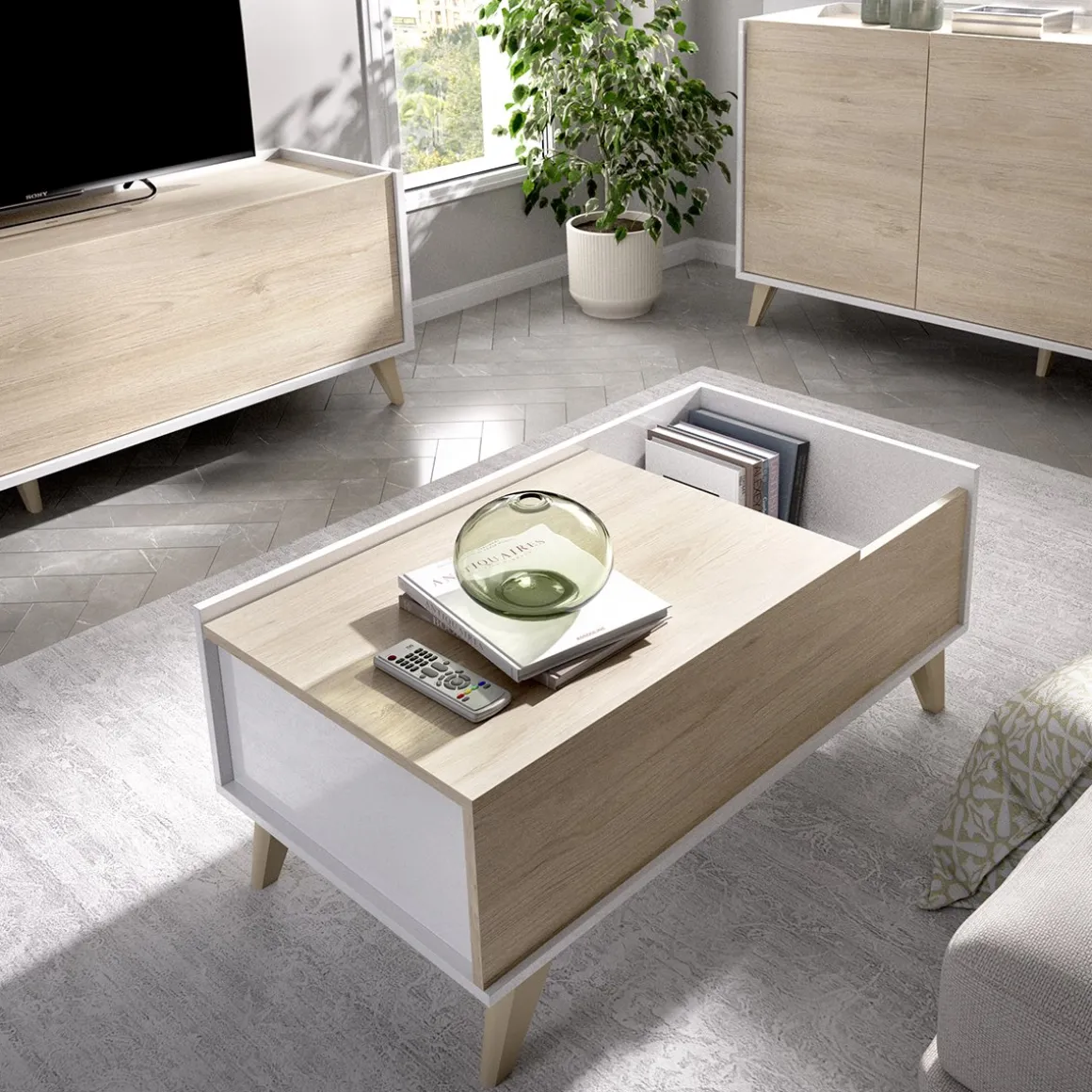 Set Mobili da Soggiorno Marrone Rovere Bianco Cassetti Modulabile, 4 Ripiani - Tellur