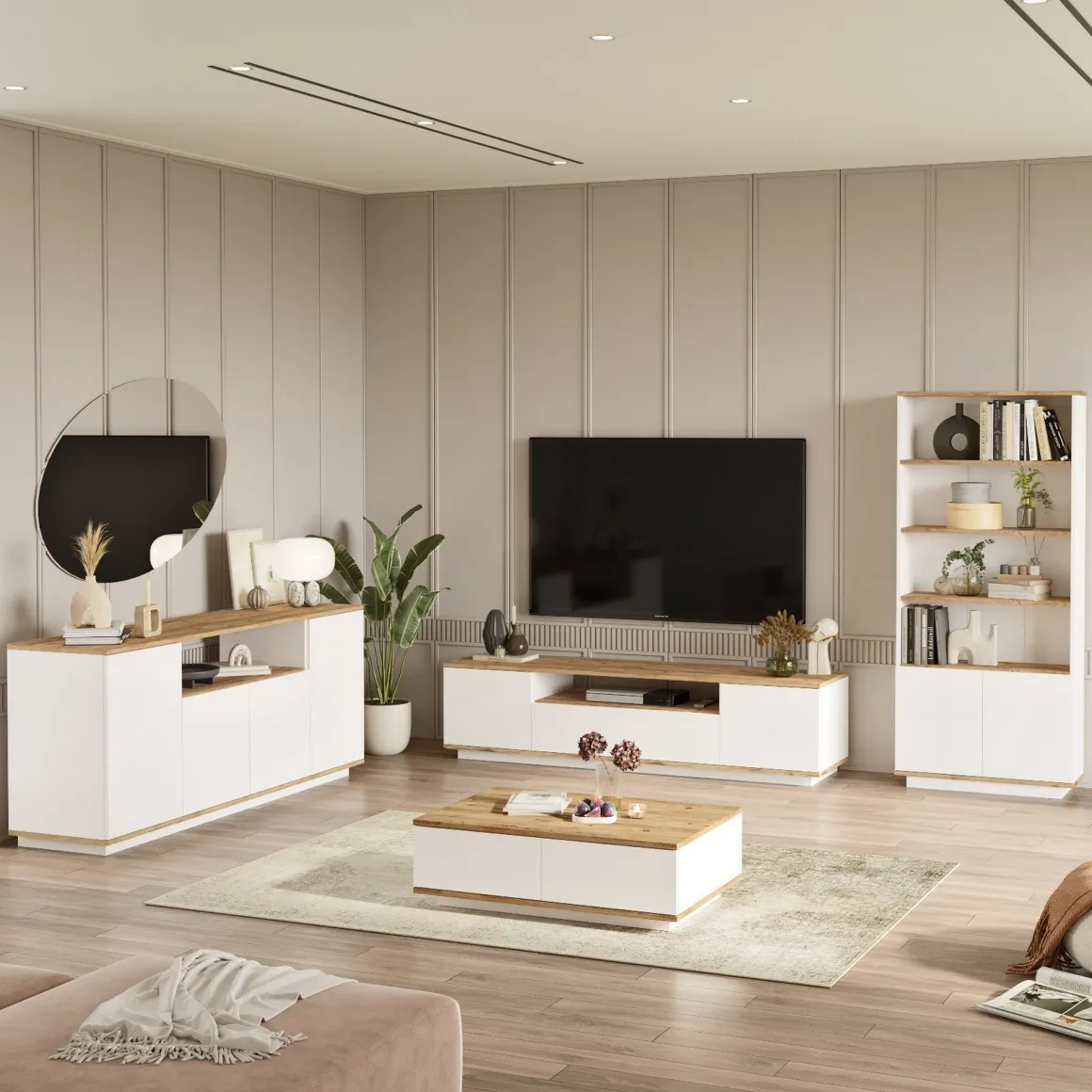 Mobili Soggiorno > Dmora Set Mobili da Soggiorno Marrone Rovere Nodi Bianco Modulabile 4 Ripiani, 3 Ante - Nepi Bianco, Marrone Rovere Nodi